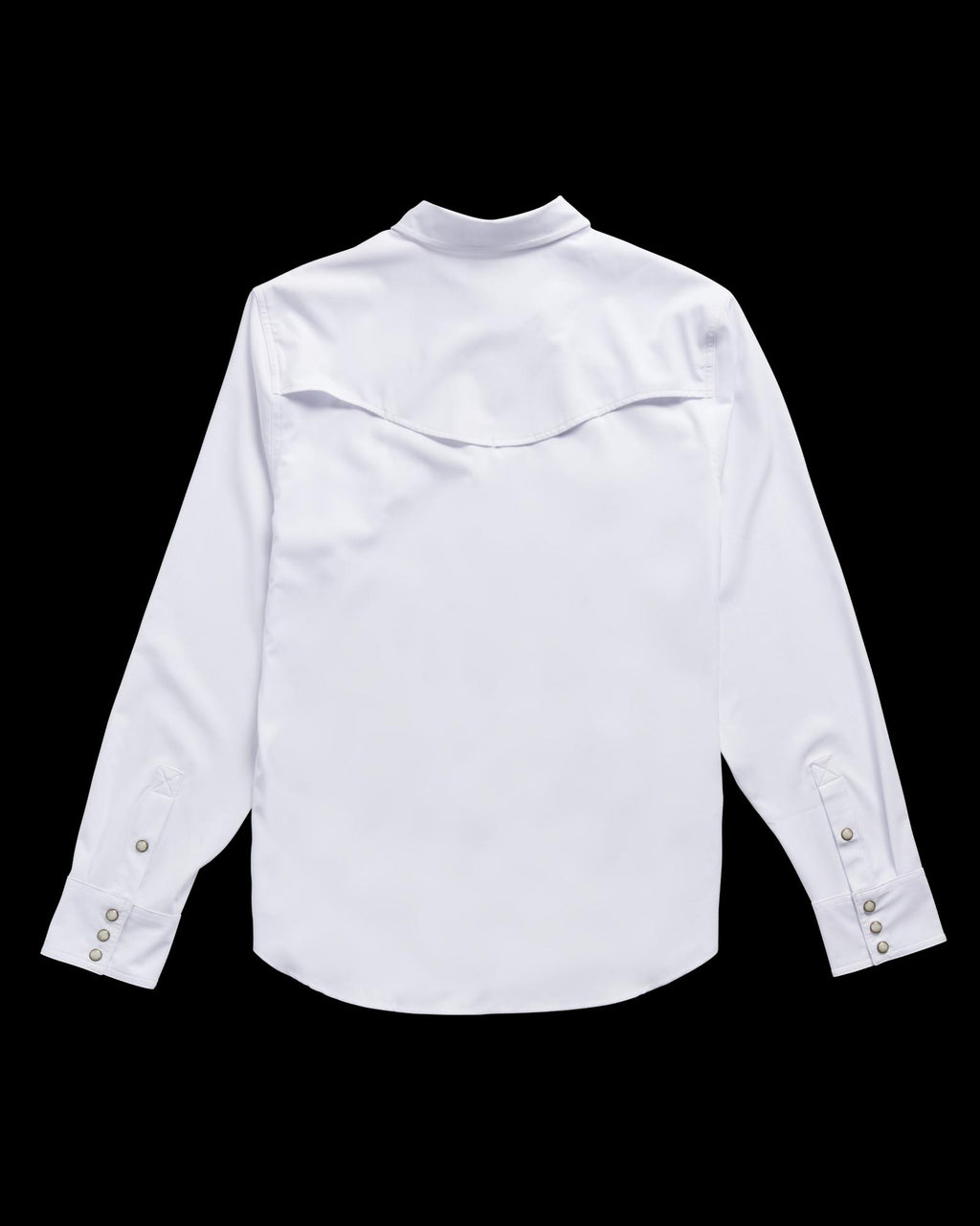 Back view of a long-sleeve white dress shirt with buttoned cuffs on a black background.