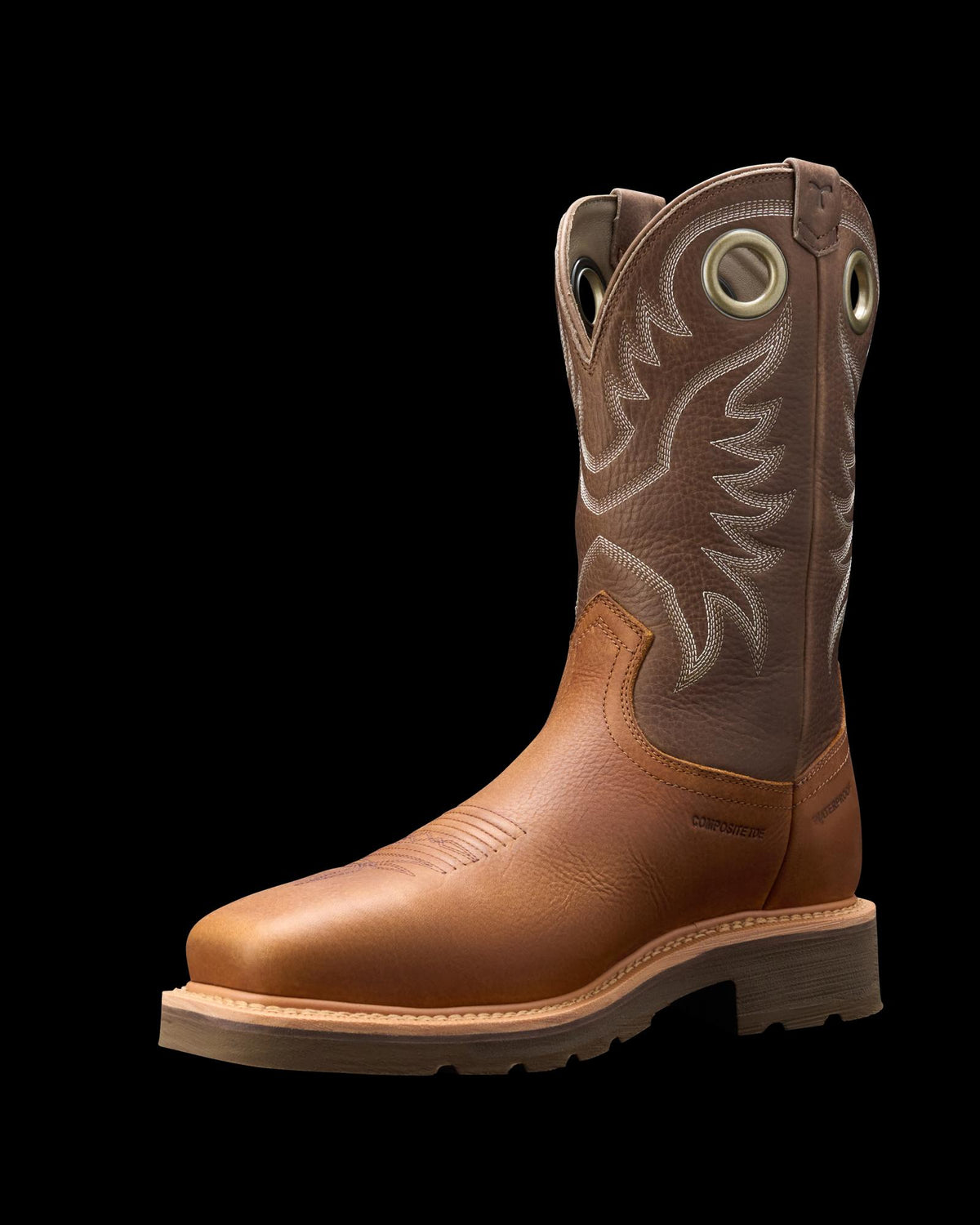 Quarterfront view of LongHaul Waterproof Square Composite Toe Work Boot - Saddle / Fossil on plain background