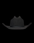 Black felt cowboy hat with a wide, upturned brim and a thin hatband, shown against a plain white background.