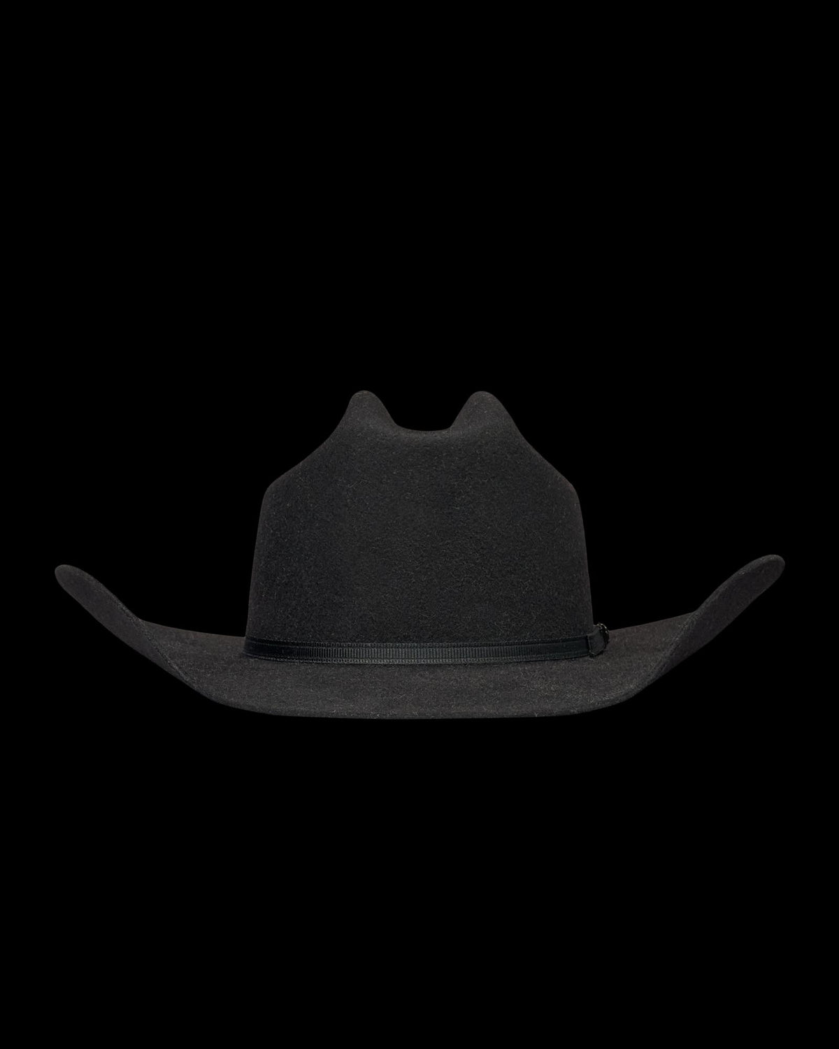 Black felt cowboy hat with a wide, upturned brim and a thin hatband, shown against a plain white background.