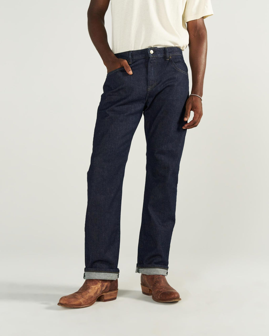 Front view of Men's Straight Crafted Denim - Resin Rinse on model