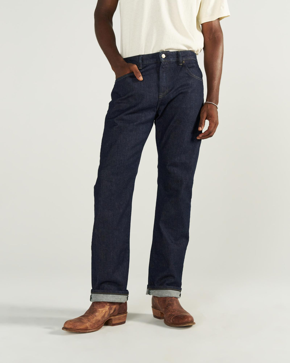 Front view of Men's Straight Crafted Denim - Resin Rinse on model