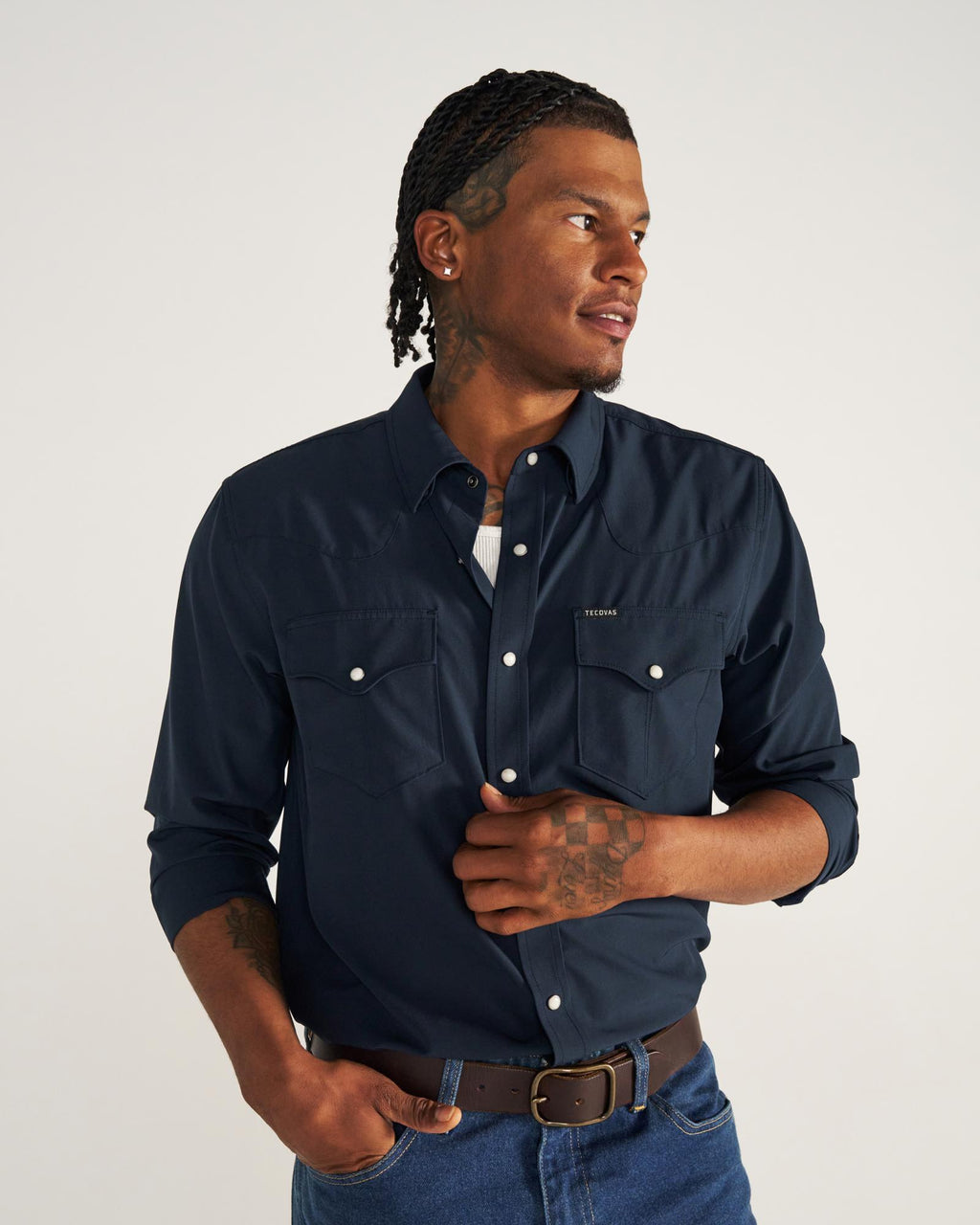 Closeup detail view of Men's Performance Western Pearl Snap - Navy