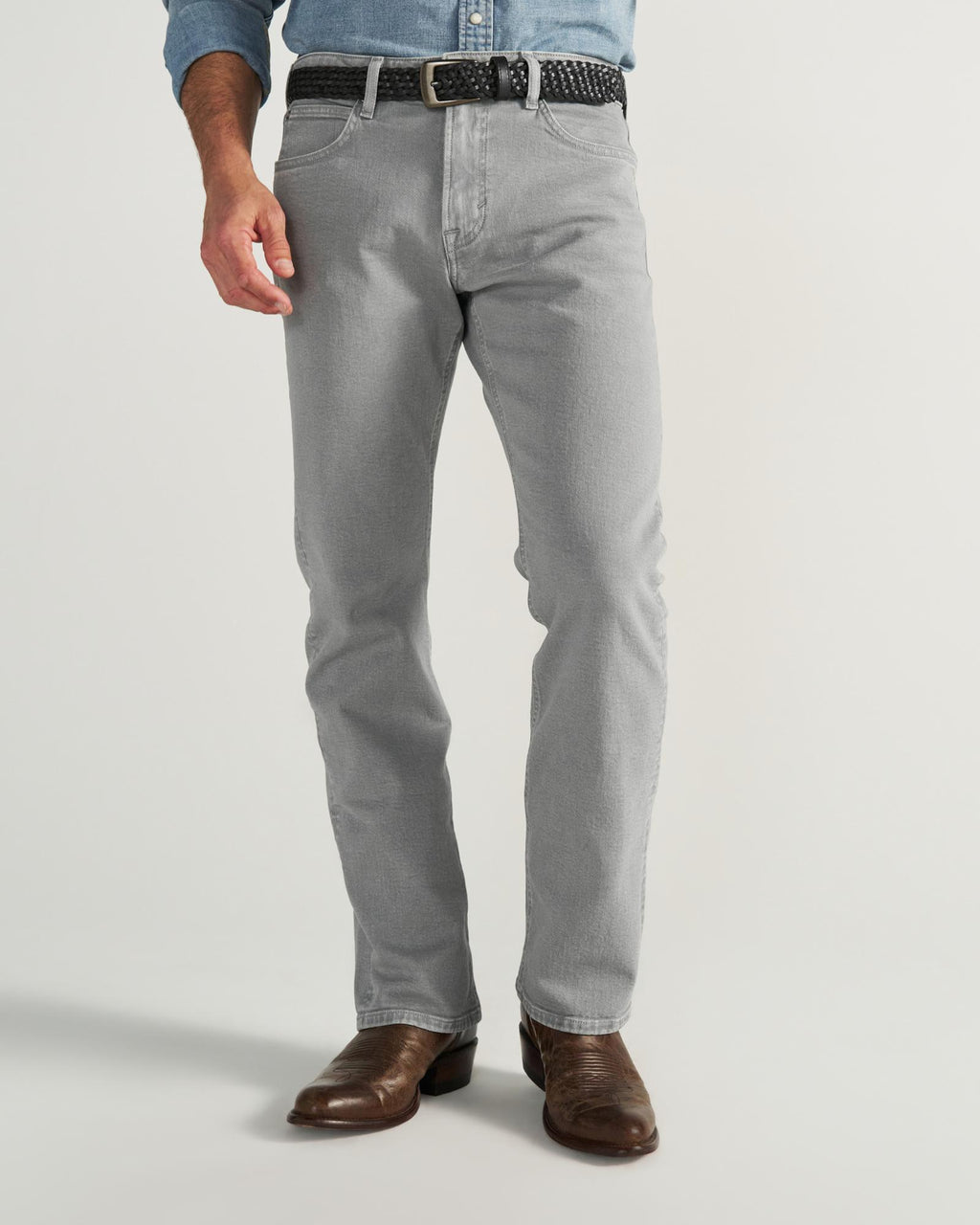 Front view of Men's Slim Straight Stretch Twill - Light Gray on model