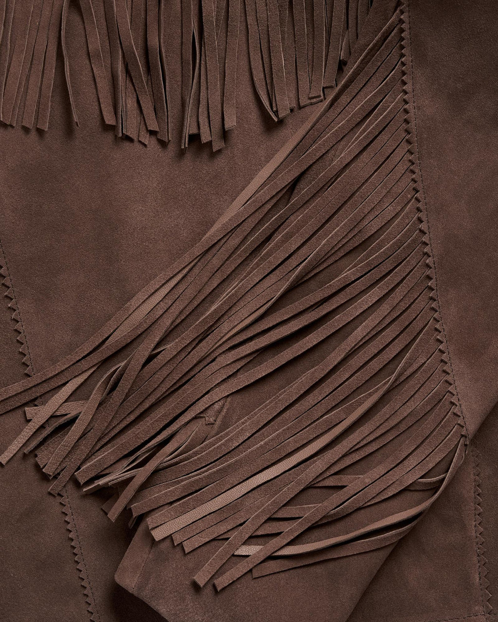 Closeup detail view of Women's Suede Fringe Jacket - Chocolate Brown