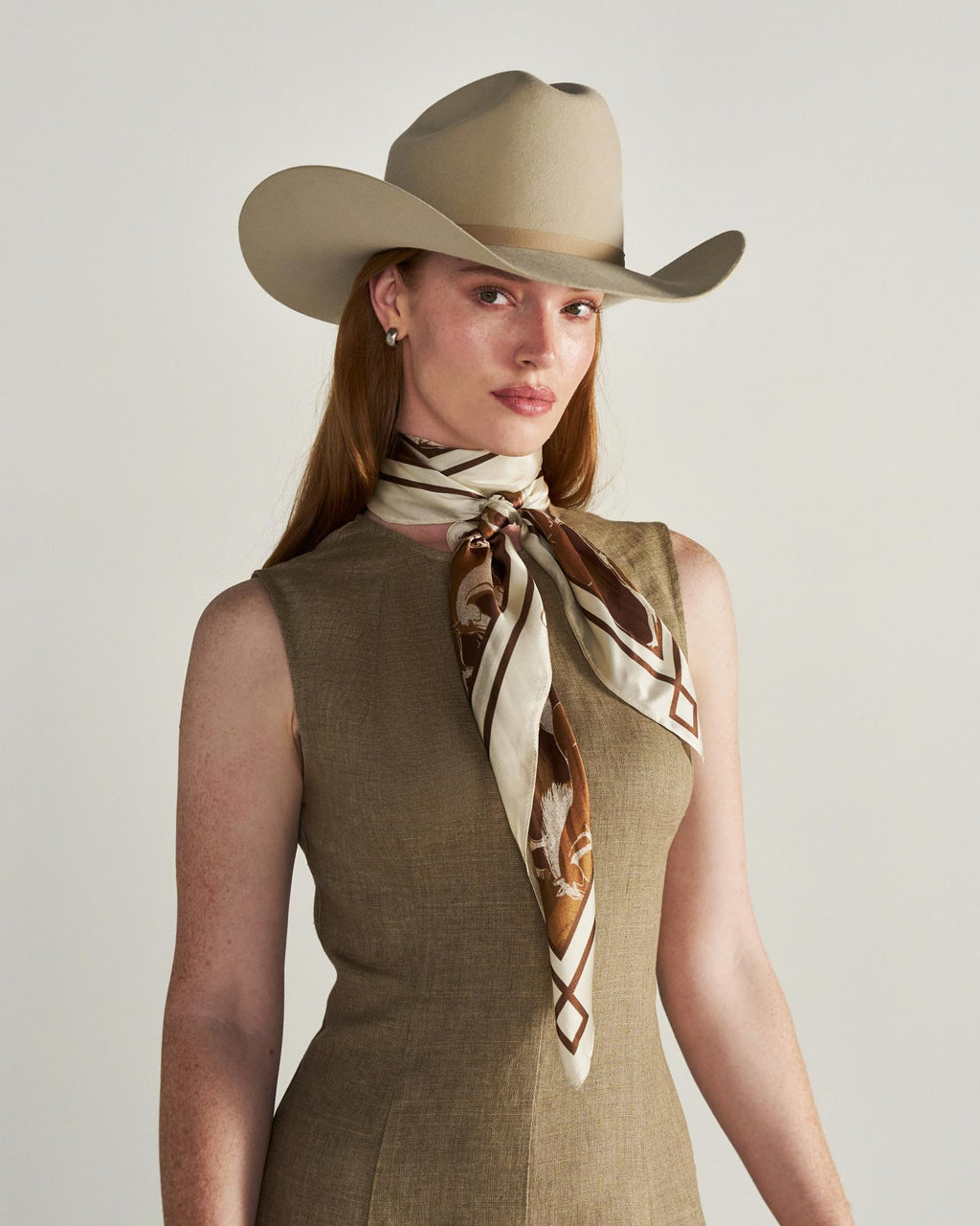 Front view of Running Horses Wild Rag - Brown Multi on model