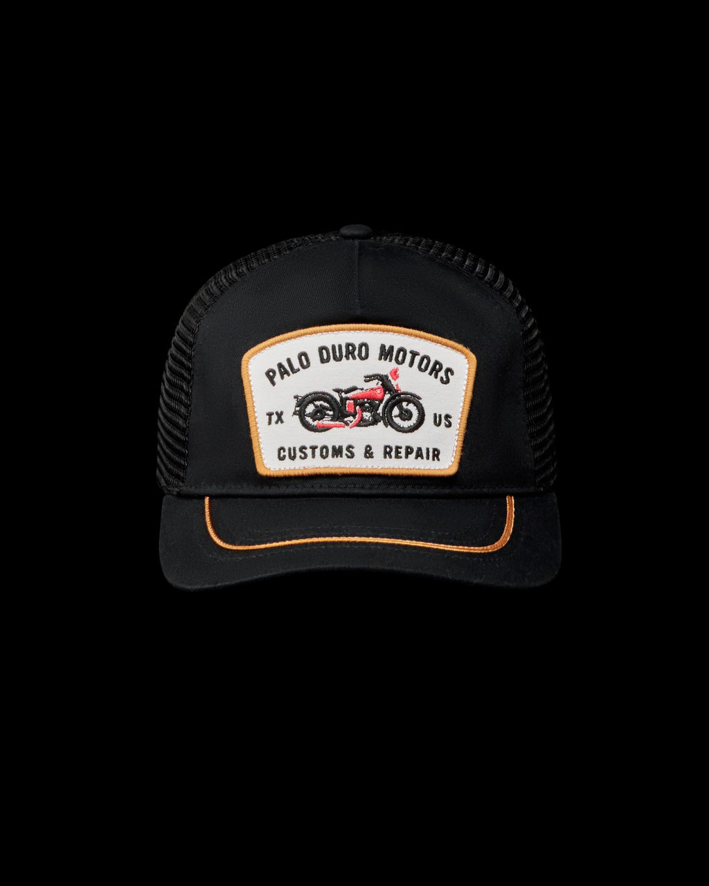 Front view of Palo Duro Motors 5 Panel Low Pro Trucker - Black on plain background