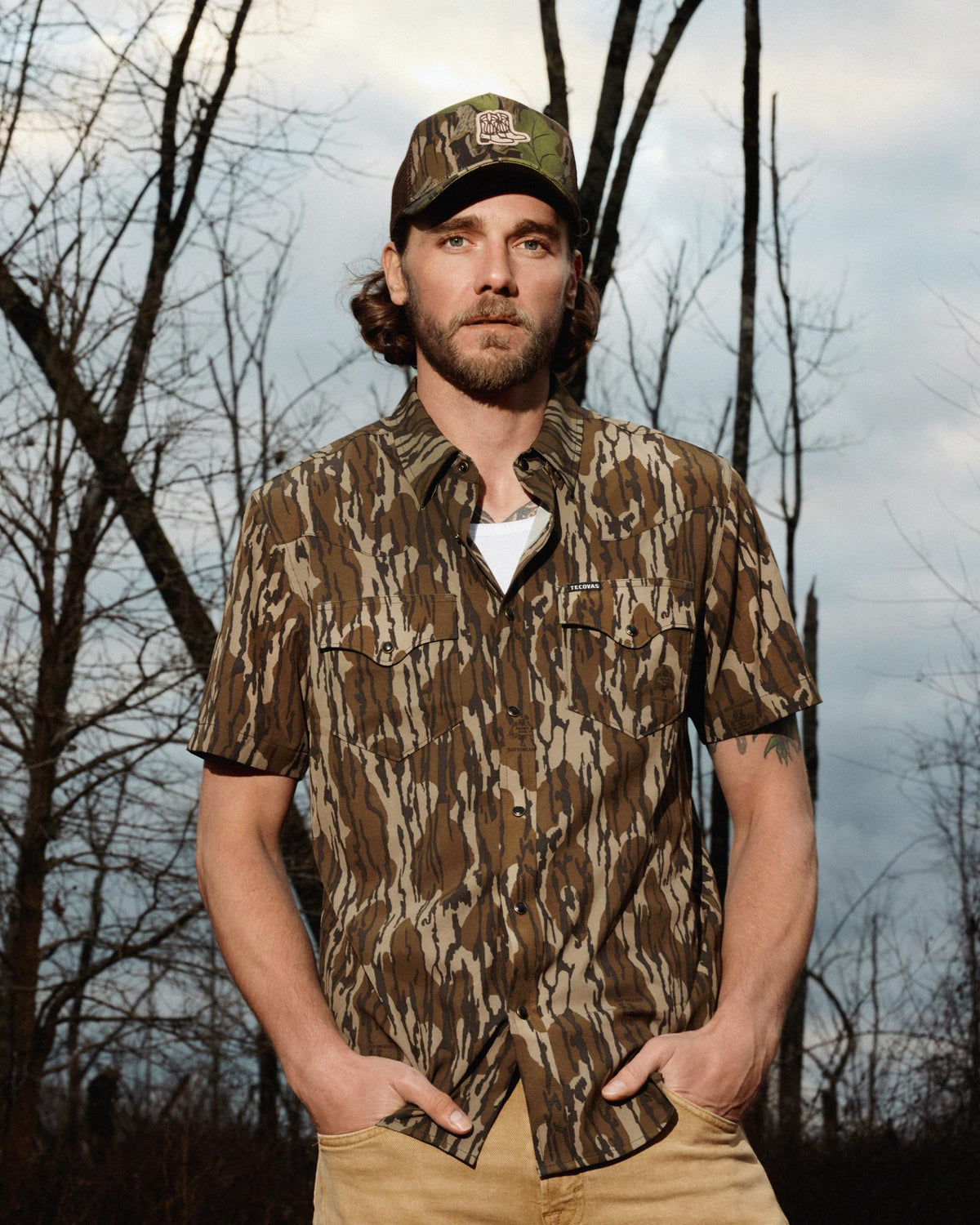 View of Men's Tecovas x Mossy Oak Performance Western Short Sleeve - Original Bottomland