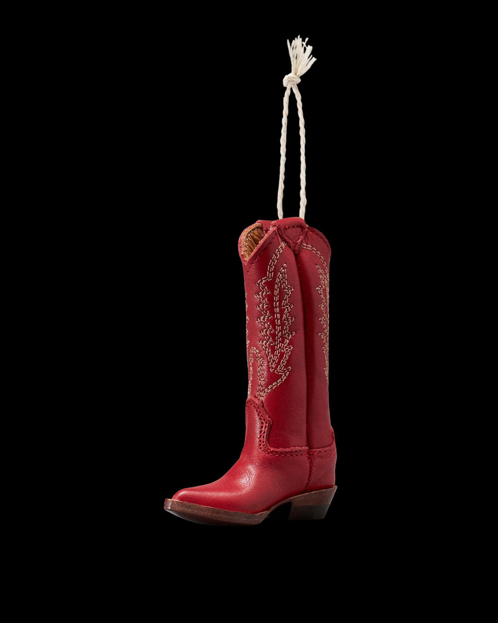 Quarterfront view of Abby Boot Ornament - Crimson on plain background