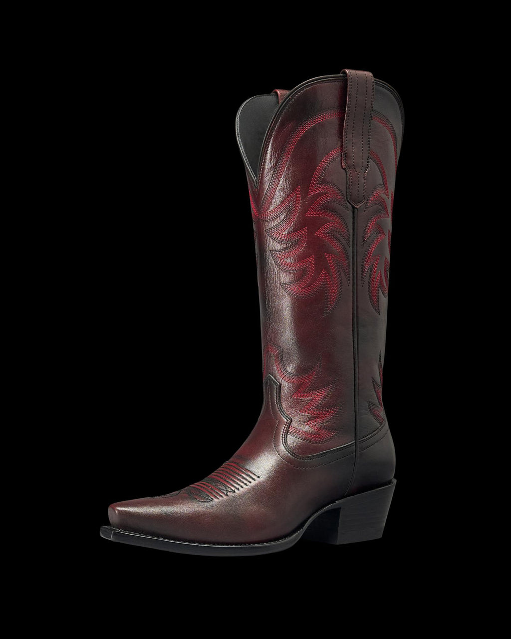 Quarterfront view of The Annie - Black Cherry Cowhide on plain background