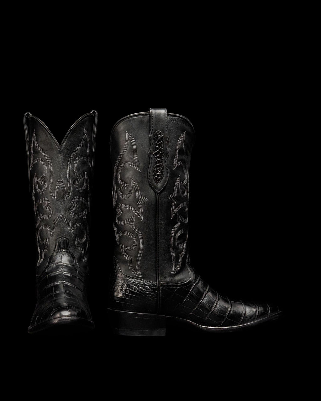 Pair view of The Stallion x Tecovas Boot - Midnight Giant Gator on plain background
