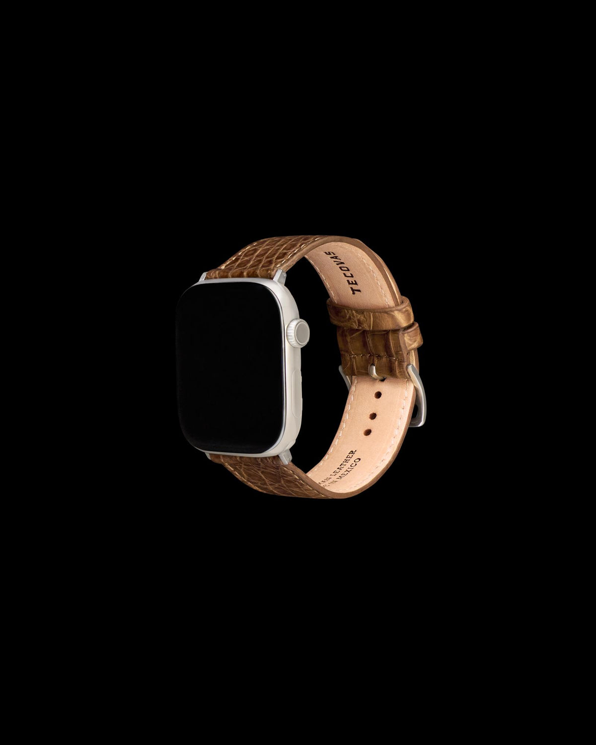 A smartwatch with a silver case and a brown leather textured strap, displayed on a plain white background.