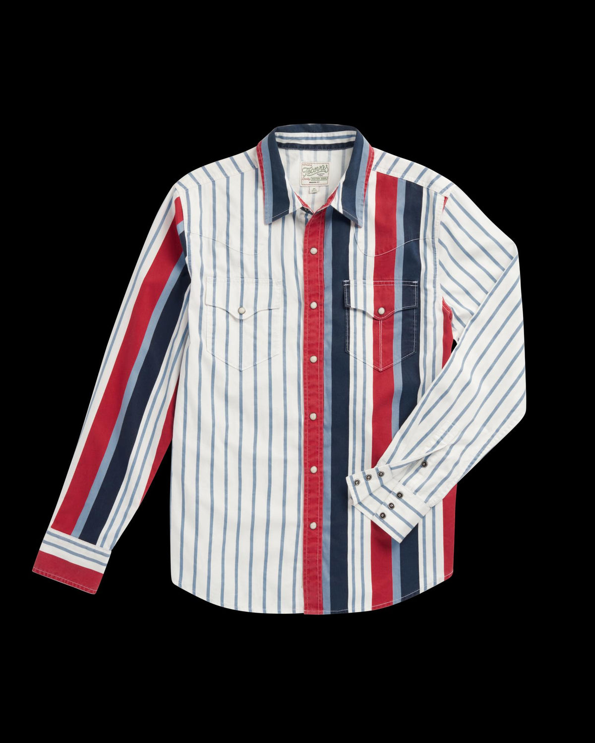 Long-sleeve button-up shirt with vertical red, white, and blue stripes, two chest pockets, and a pointed collar.