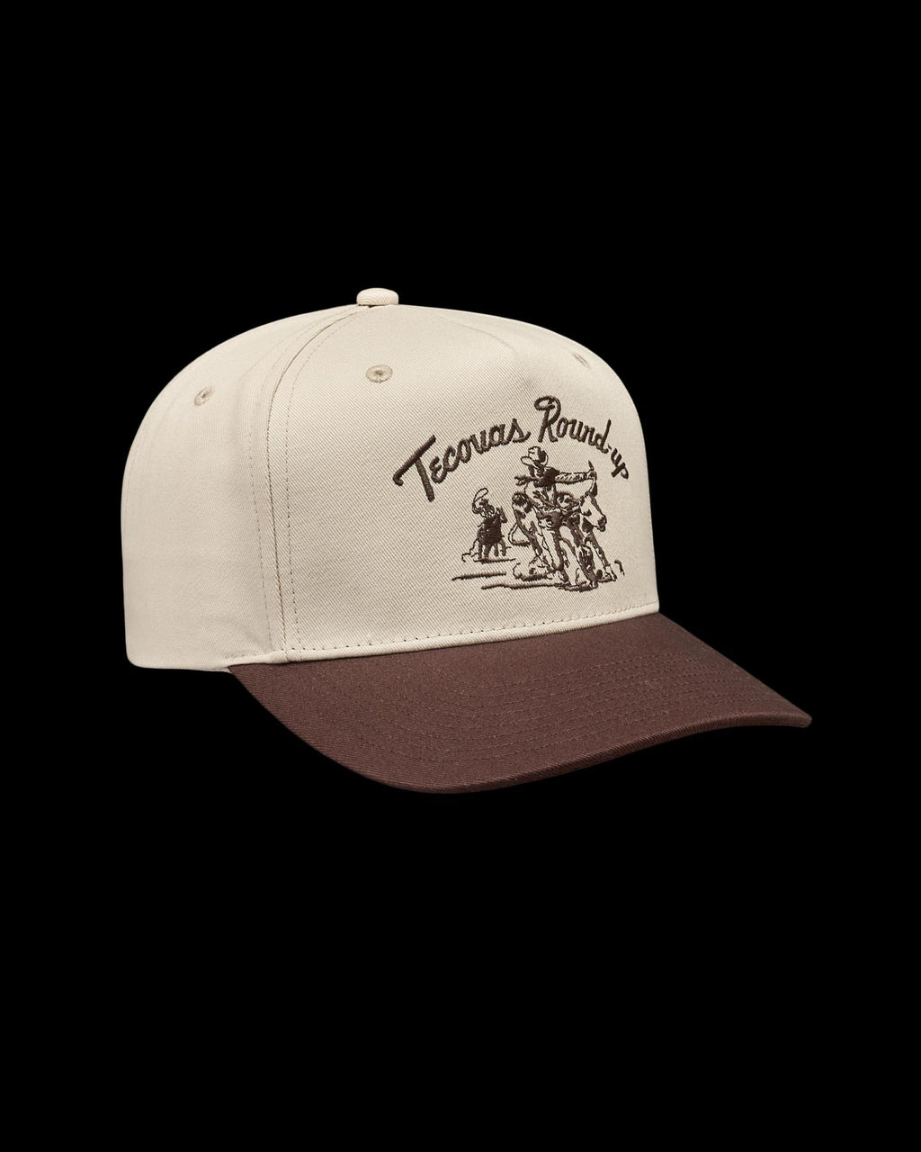 Quarterfront view of Tecovas Round-Up Hat - Cream/Brown on plain background