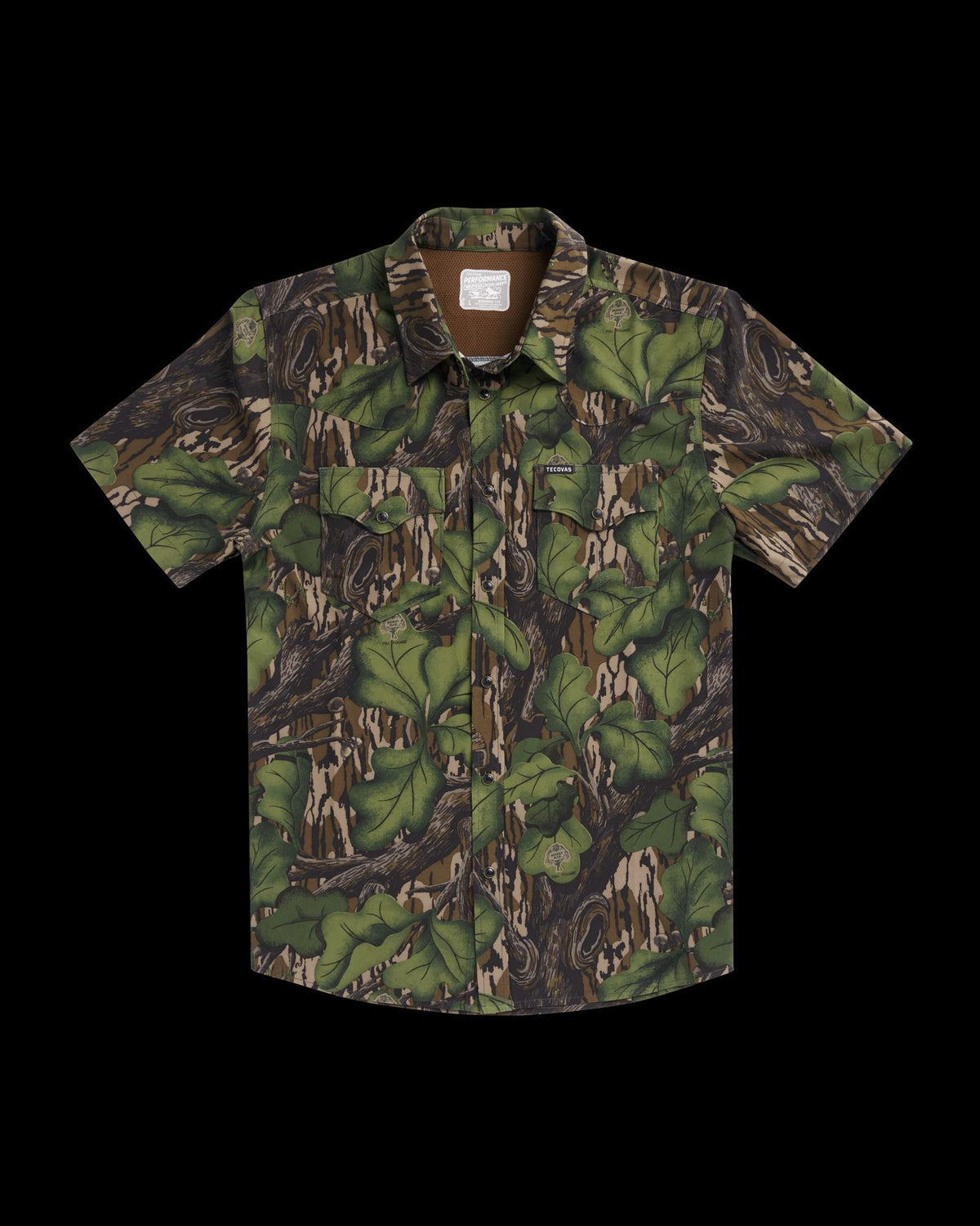 Closeup detail view of Men's Tecovas x Mossy Oak Performance Western Short Sleeve - Full Foliage