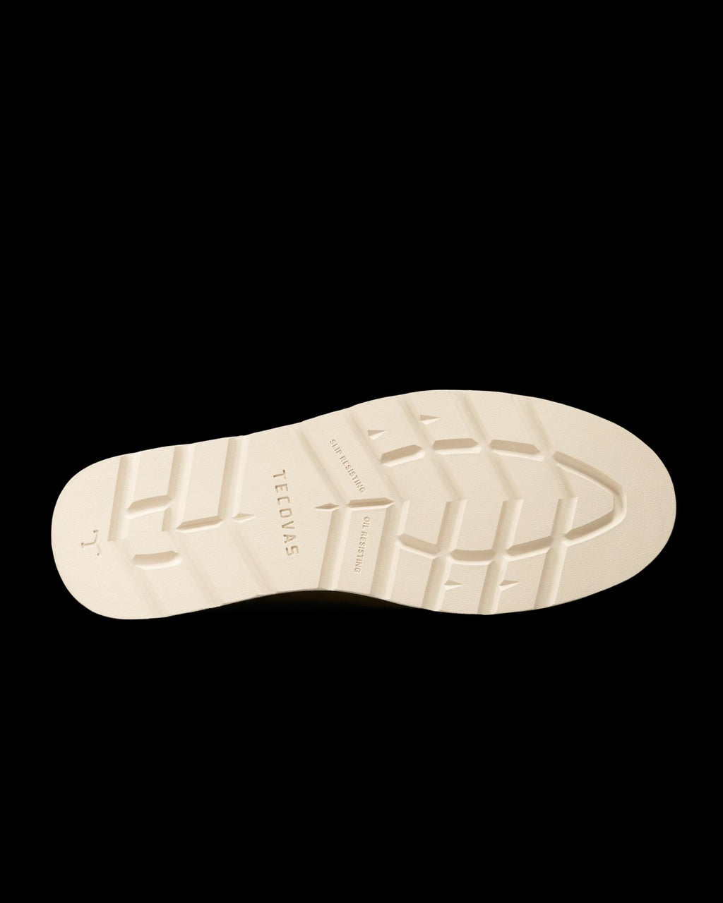 The Knox Lace Up Shearling in Sandstone Roughout. Cream-colored Sandstone Roughout boot sole with grooved tread pattern and embossed branding, viewed from the bottom against a white background.