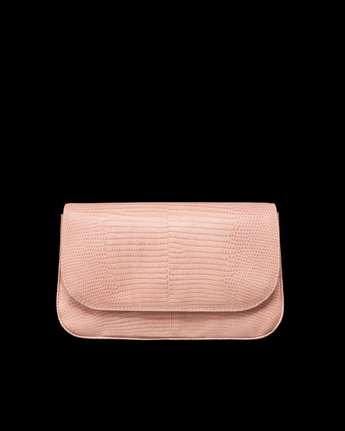 A blush pink textured clutch bag with a flap closure, displayed against a plain white background.