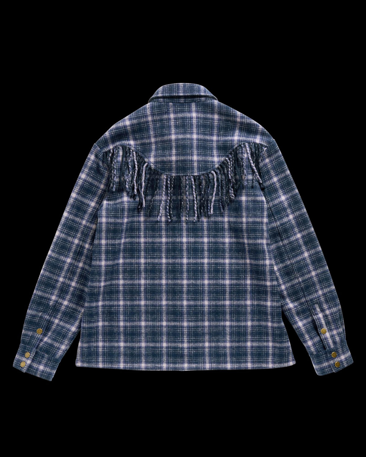 Closeup detail view of Women's Plaid Fringe Shacket - Navy / Mauve