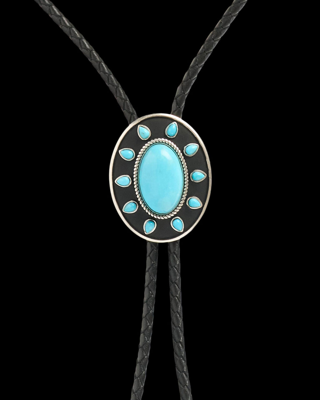 Closeup view of Iron Lamb Turquoise Sun Bolo - Turquoise/Black
