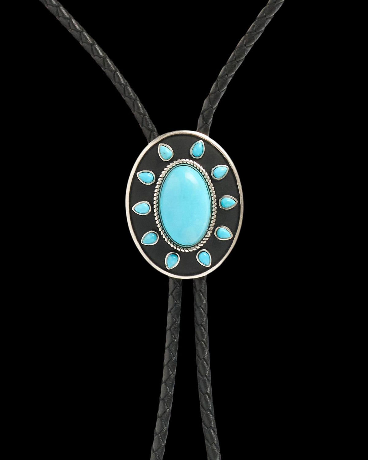 Closeup view of Iron Lamb Turquoise Sun Bolo - Turquoise/Black