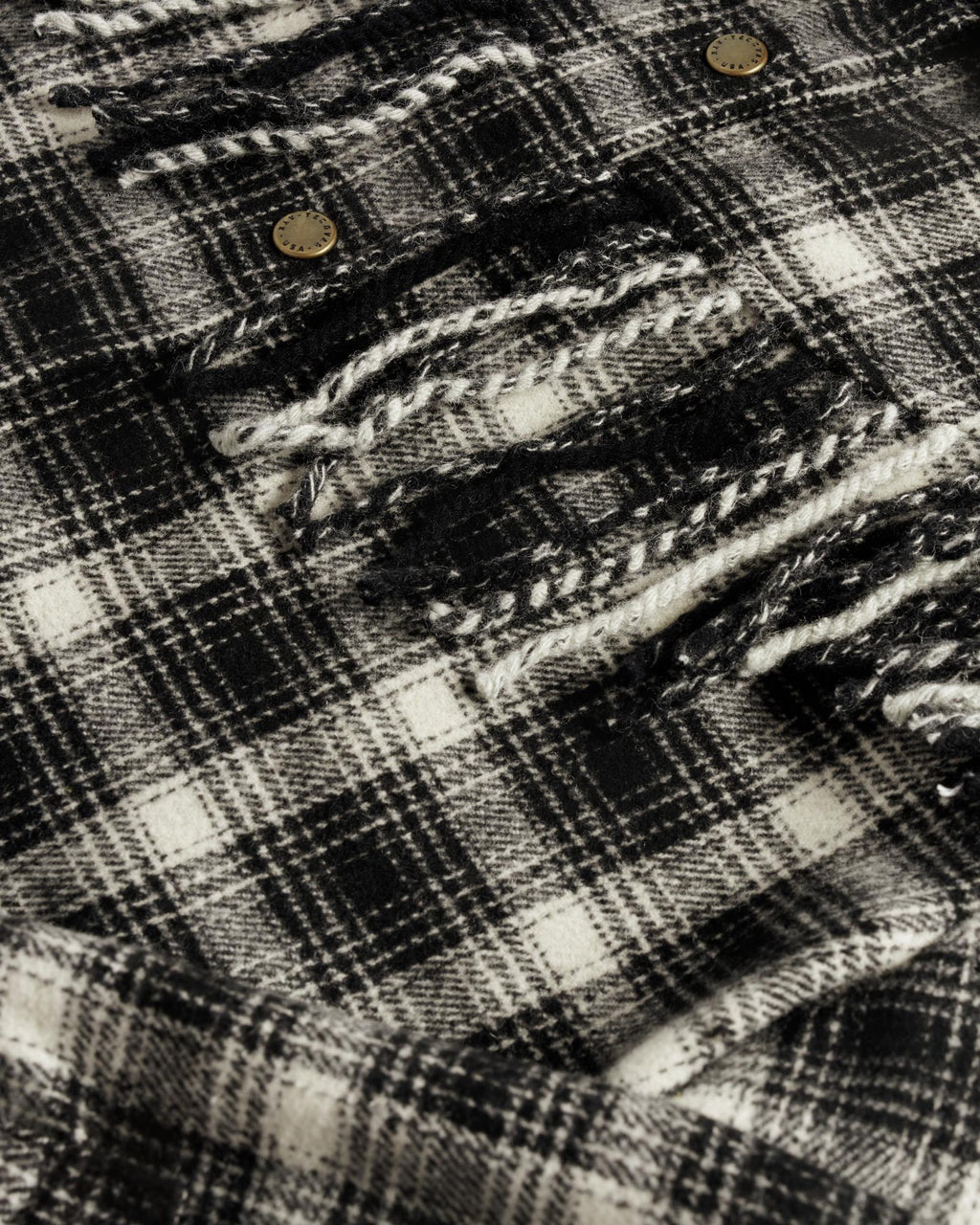 Closeup detail view of Women's Plaid Fringe Shacket - Black / White