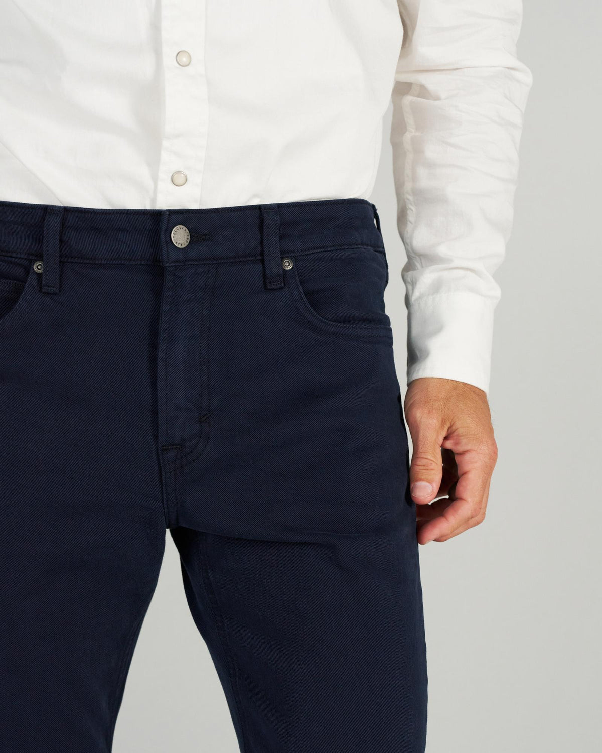Front view of Men's Slim Straight Stretch Twill - Dark Navy on model