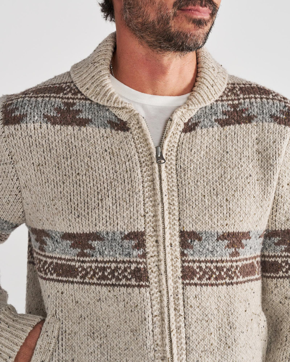 Closeup detail view of Men's Bison Zip Sweater - Oatmeal/Multi