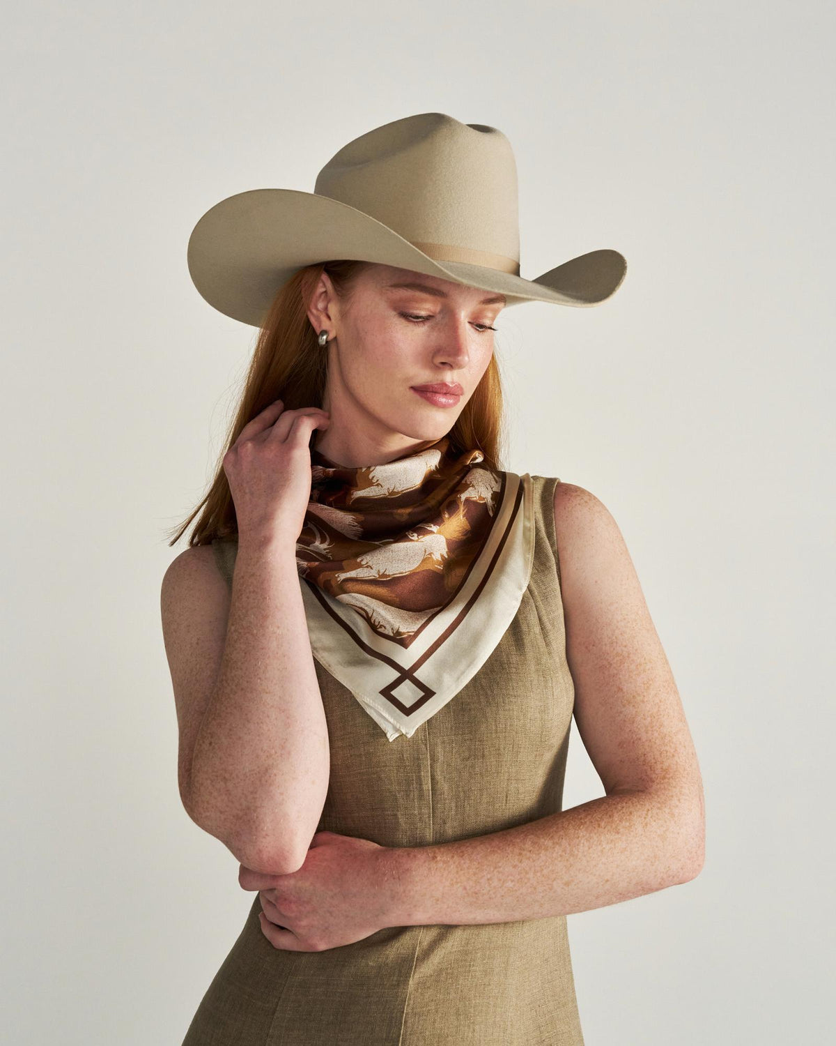 Front view of Running Horses Wild Rag - Brown Multi on model