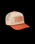 Quarterfront view of Tecovas Badge Trucker - Burnt Orange on plain background