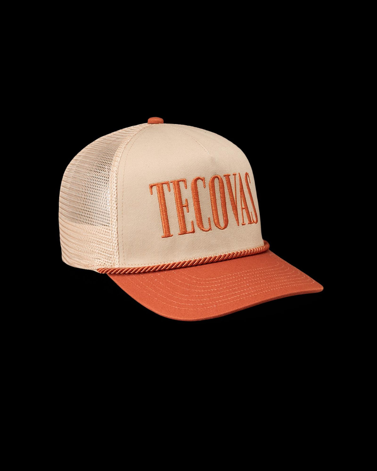 Quarterfront view of Tecovas Badge Trucker - Burnt Orange on plain background