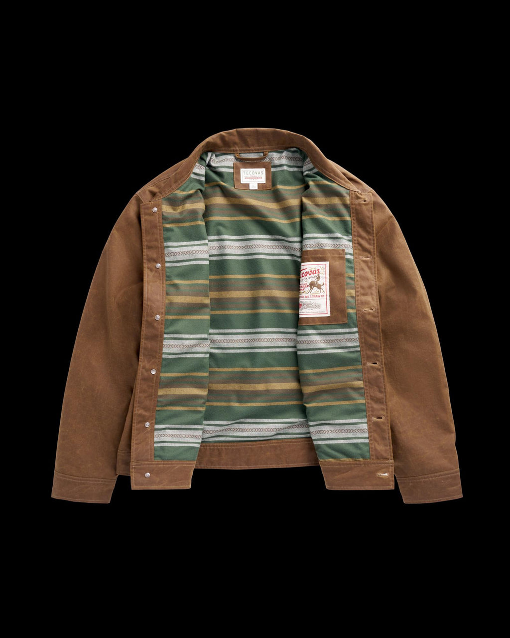 Brown jacket with an open front, showing a green and tan striped interior lining with a Tecovas brand label.