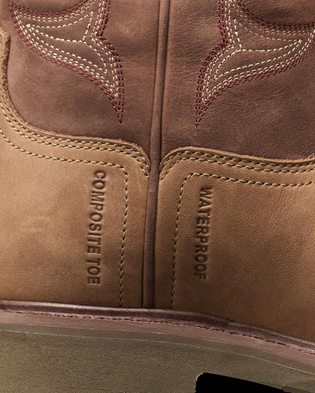 Toe view of The LH WP Round Comp Toe Work Boot - Tan / Cafe Cowhide on plain background