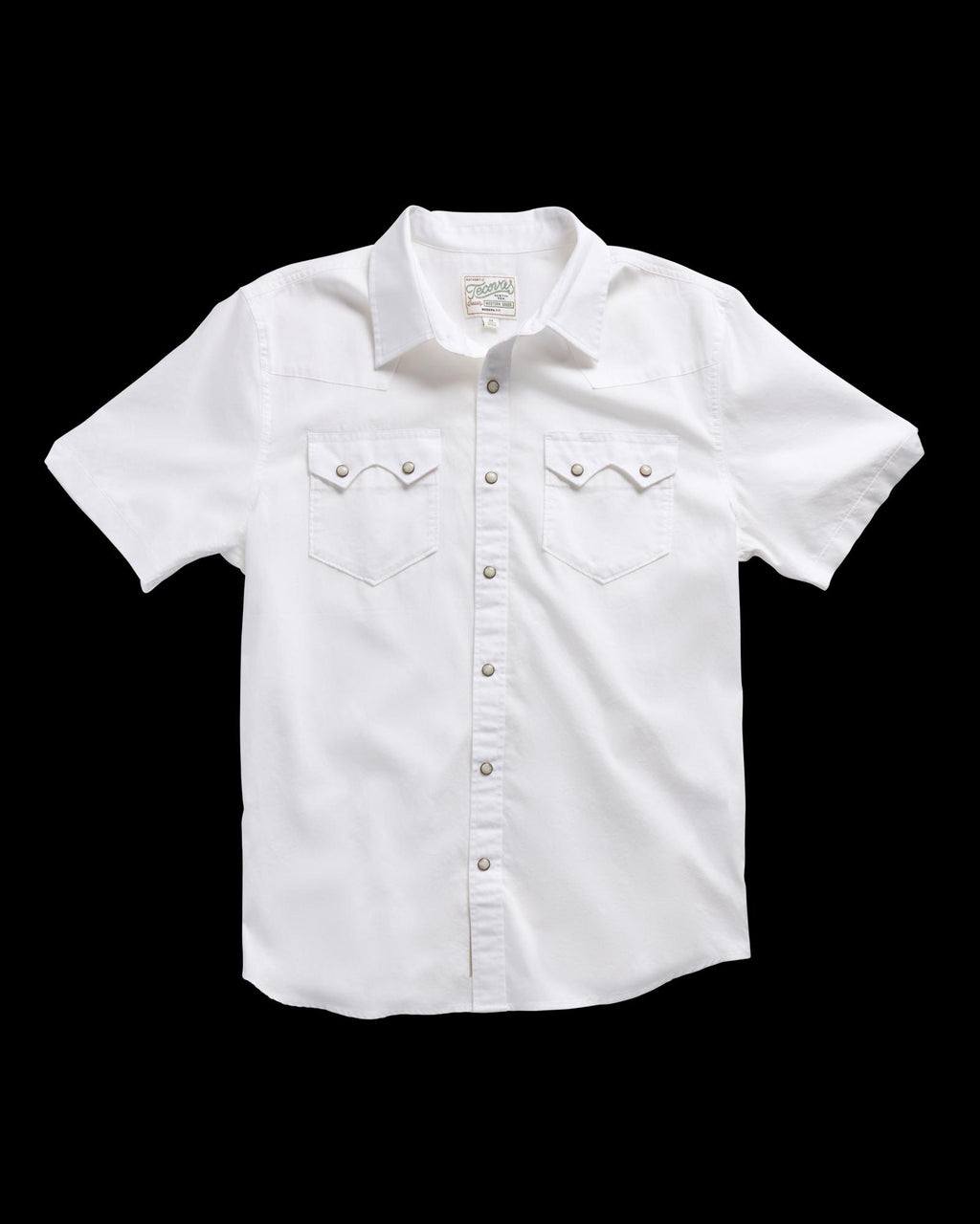 Closeup detail view of Men's Vintage Weight Sawtooth Short Sleeve Pearl Snap - White