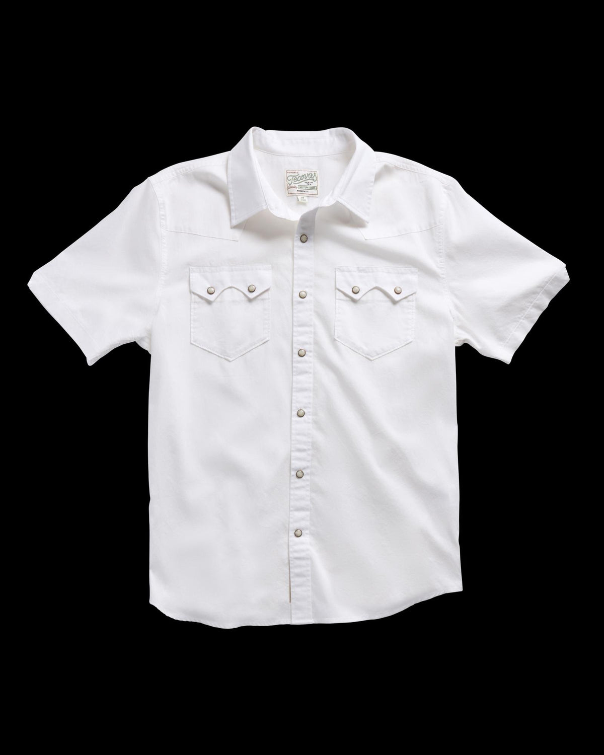 Closeup detail view of Men's Vintage Weight Sawtooth Short Sleeve Pearl Snap - White