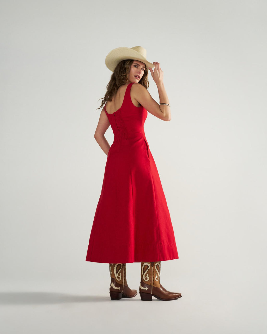 Back view of Women's Sleeveless A-Line Maxi Dress - Red on model