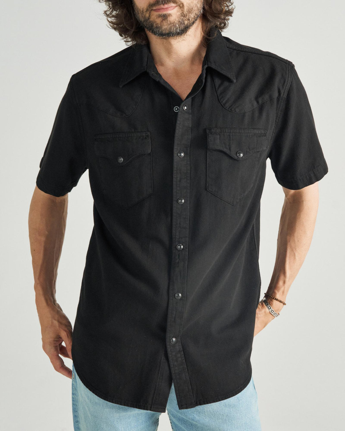 Closeup detail view of Men's Denim Pearl Snap SS - Black