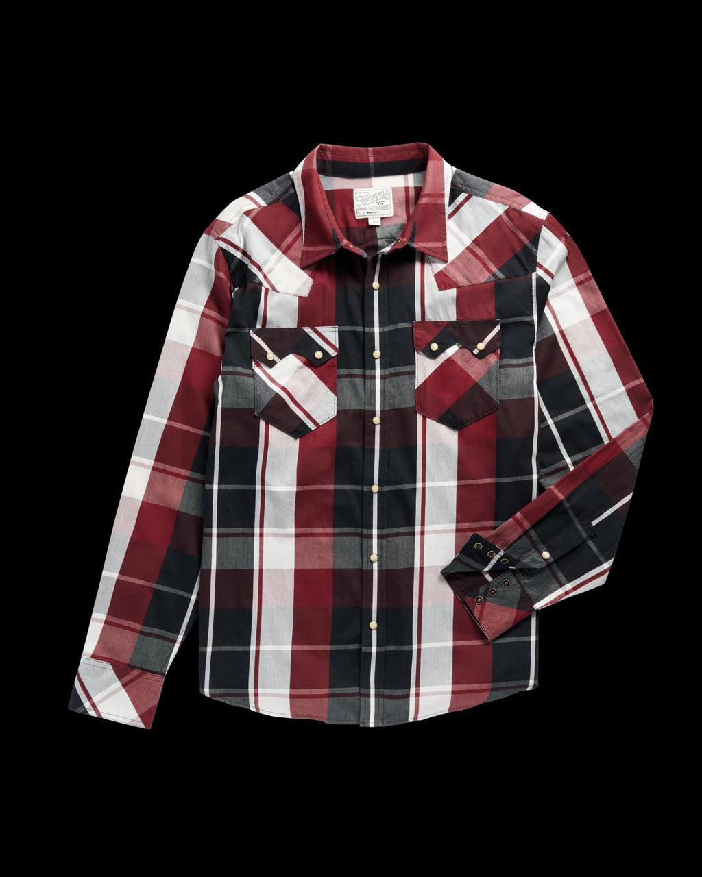 Closeup detail view of Men's Vintage Weight Pearl Snap LS - Port / Black