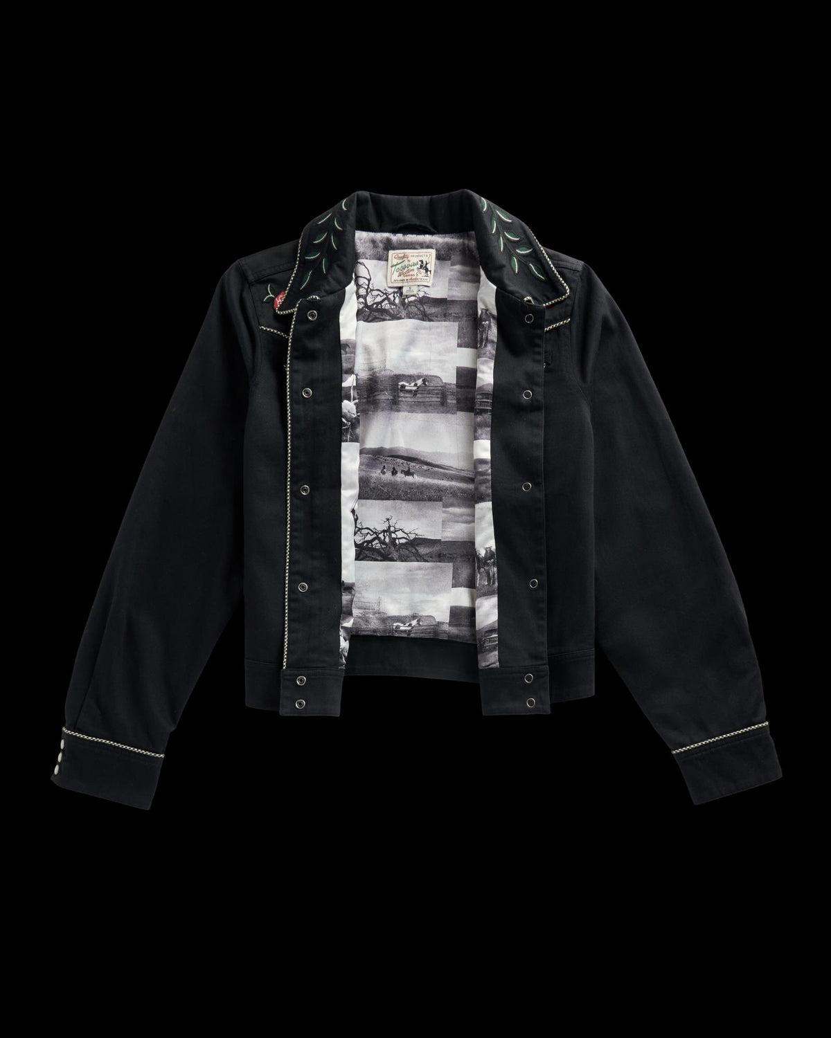Front view of Women's Embroidered Dolly Jacket - Black on plain background