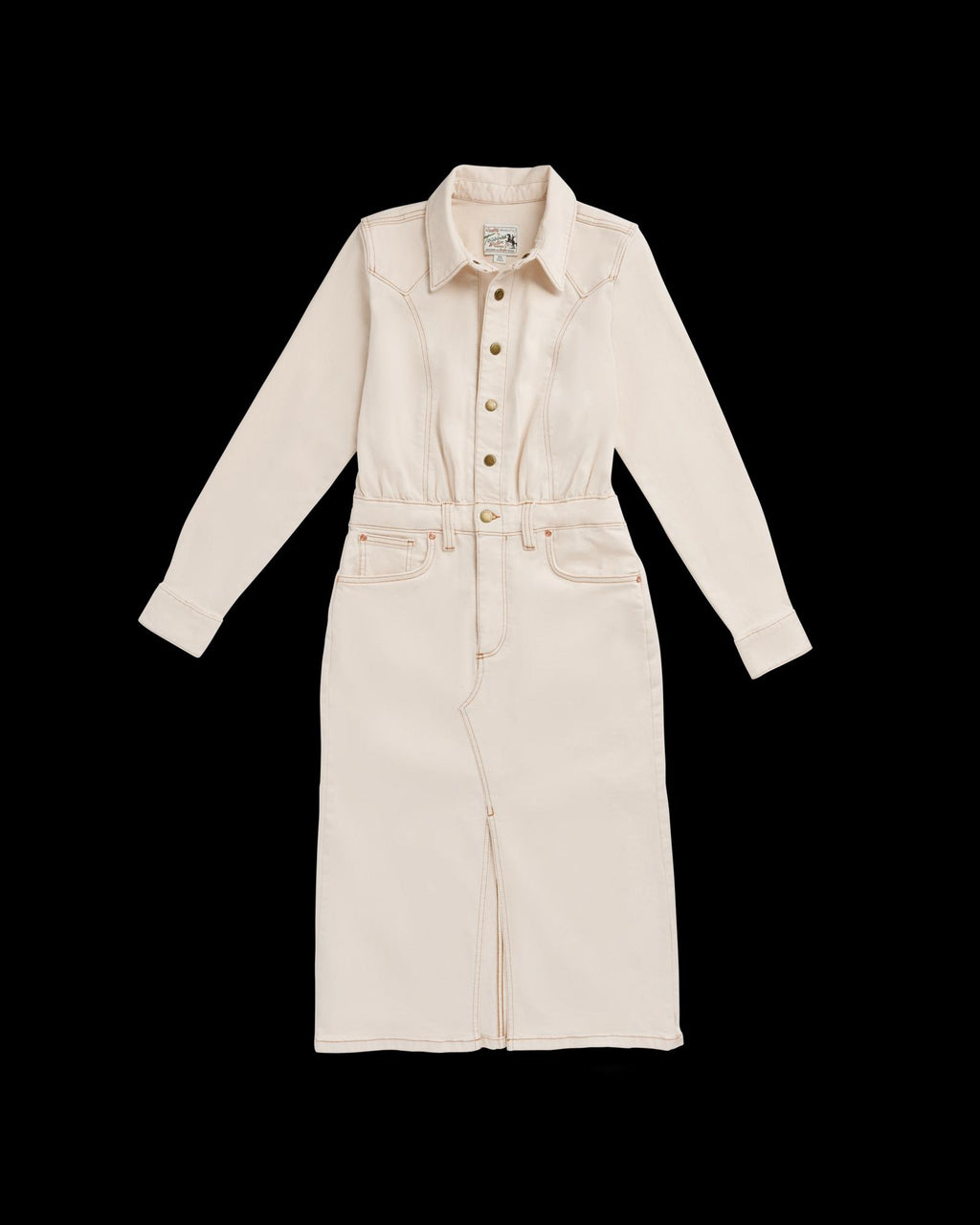 Closeup detail view of Women's L/S Natural Denim Midi Dress - Natural