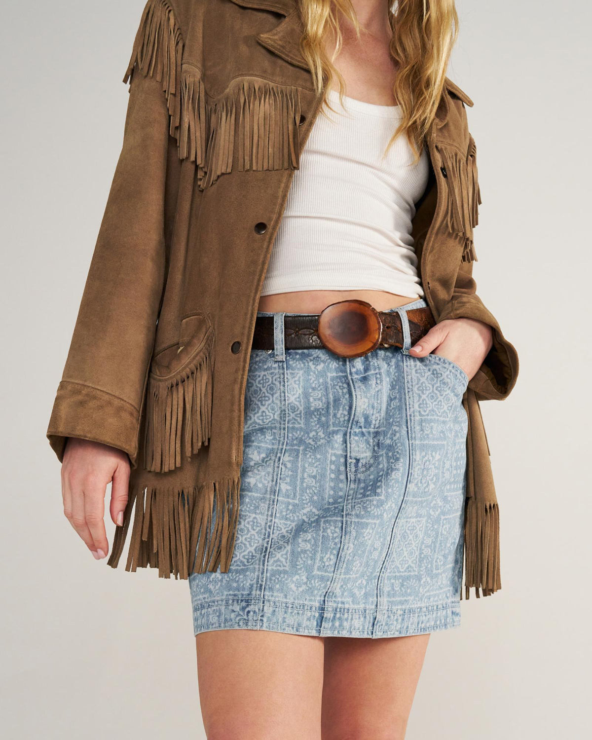 Front view of Women's High-Rise Denim Mini Skirt - Blue Bandana on model