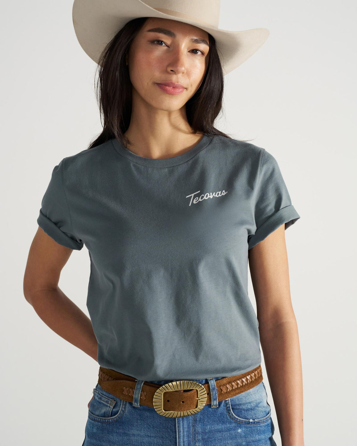 Front view of Women's Store Front Tee - Blue on plain background