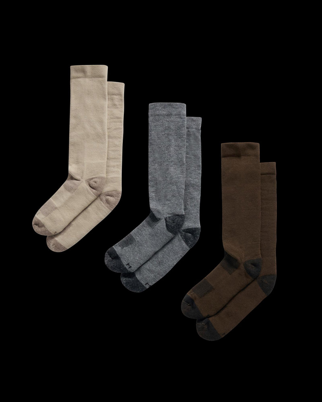 Quarterfront view of Mid-Calf Sock (3 Pack) - Tan / Dark Gray / Brown on plain background