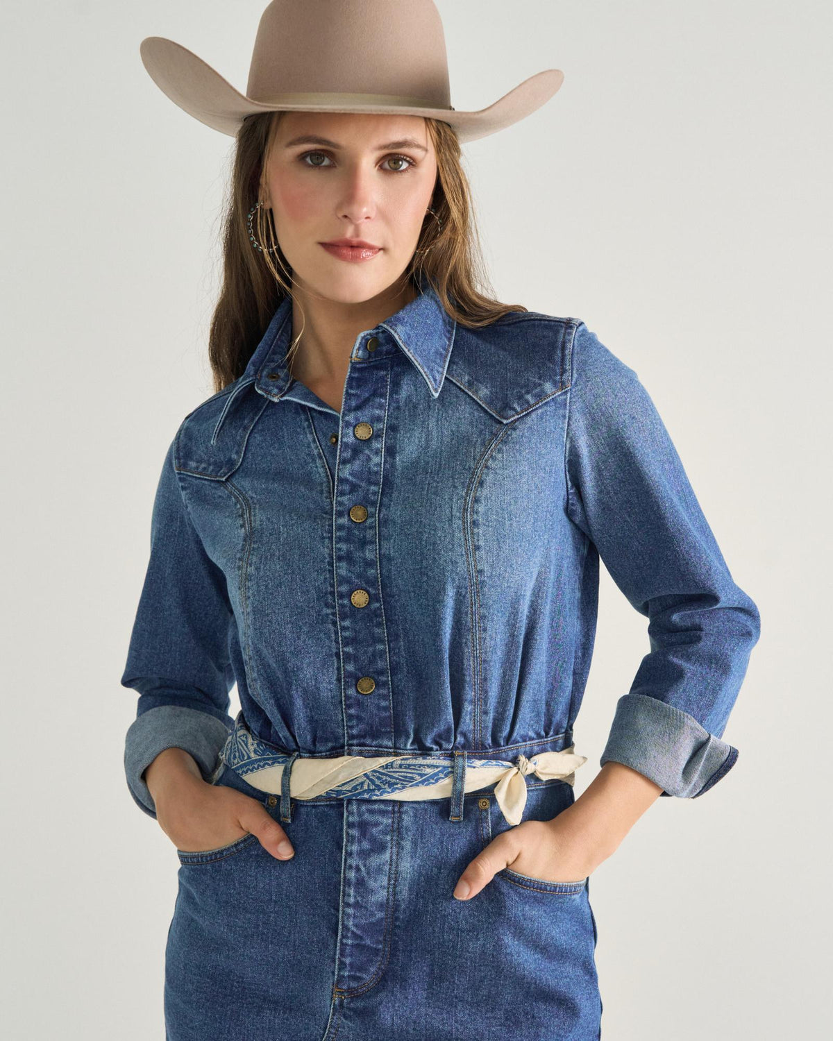 Front view of Women's L/S Denim Midi Dress - Medium Wash on model
