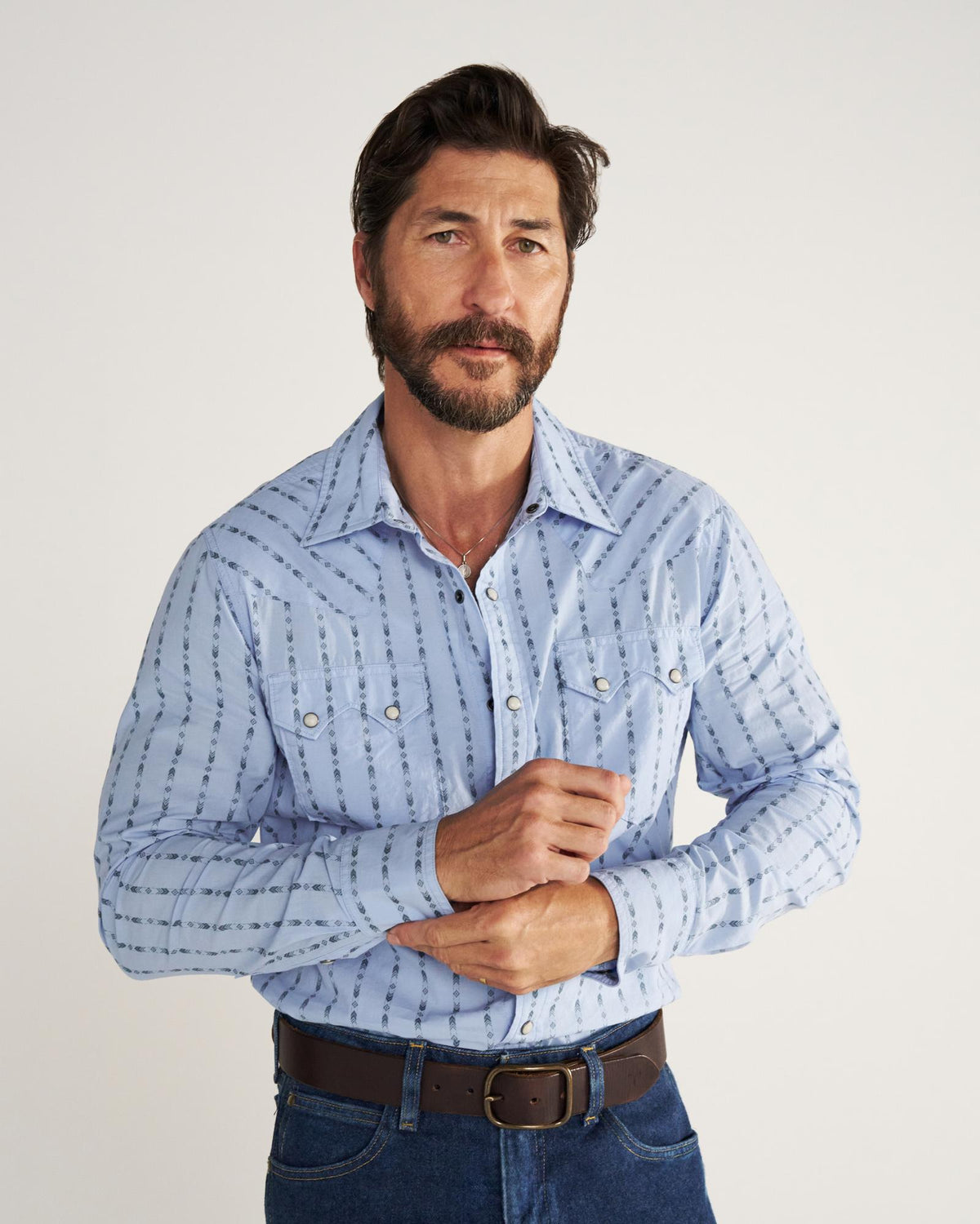 Closeup detail view of Men's Vintage Weight Pearl Snap LS - Chambray / Storm