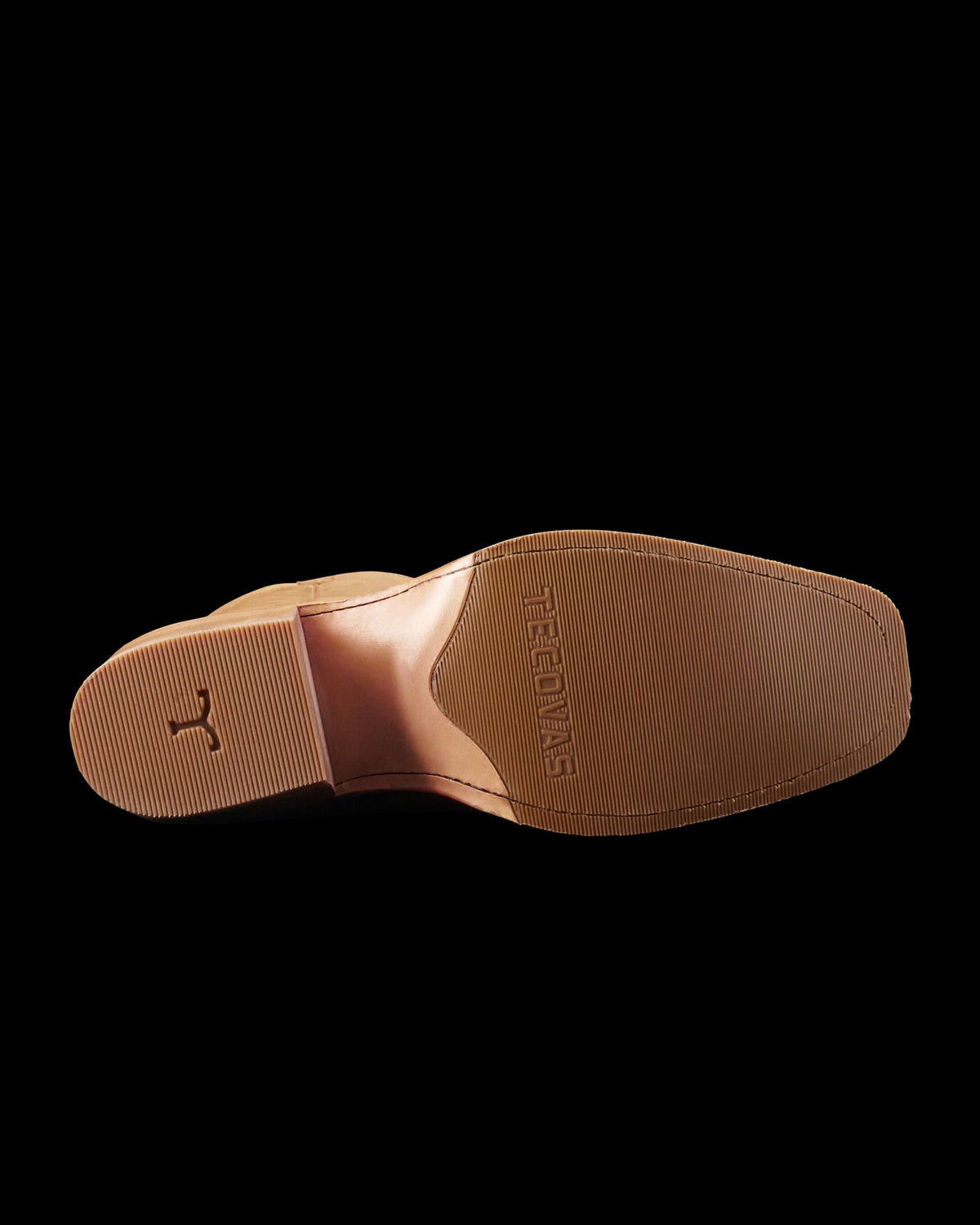 Sole view of The Charlie Wide Calf - Camel Cowhide on plain background