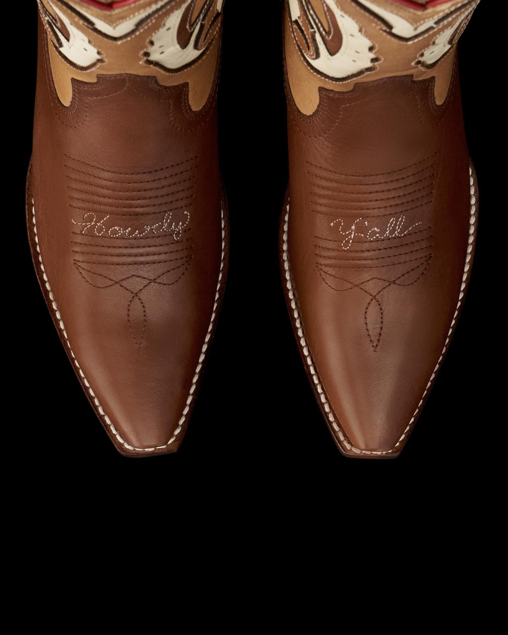 Toe view of The Sadie Vintage - Brown Multi Cowhide on plain background