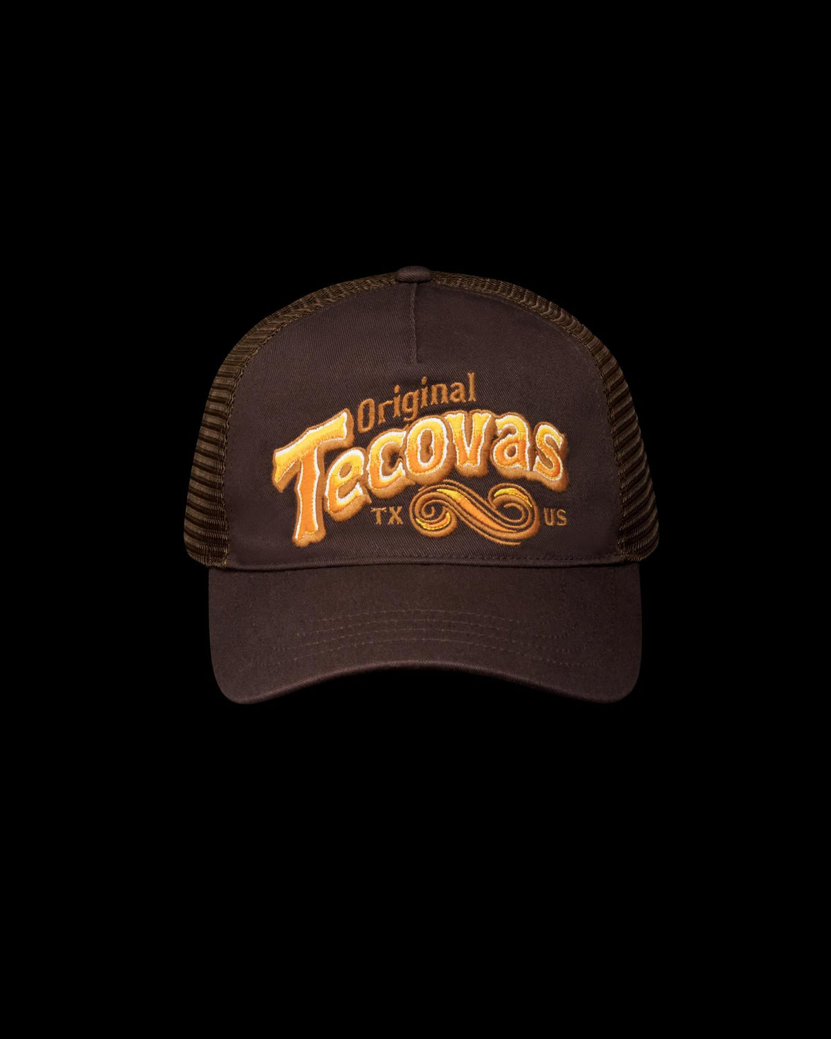 Front view of Original Tecovas 5 Panel Low Pro Trucker - Dark Brown on plain background