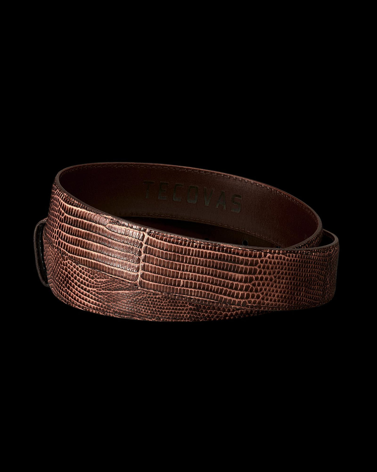 Back view of Men's Lizard Belt - Cask on plain background