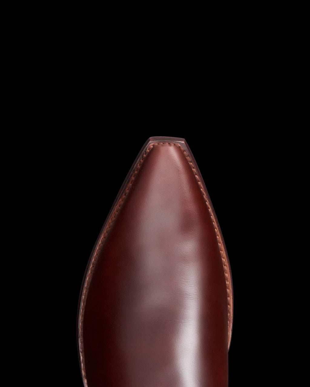 Close-up of a brown leather shoe with a pointed toe, set against a black background.