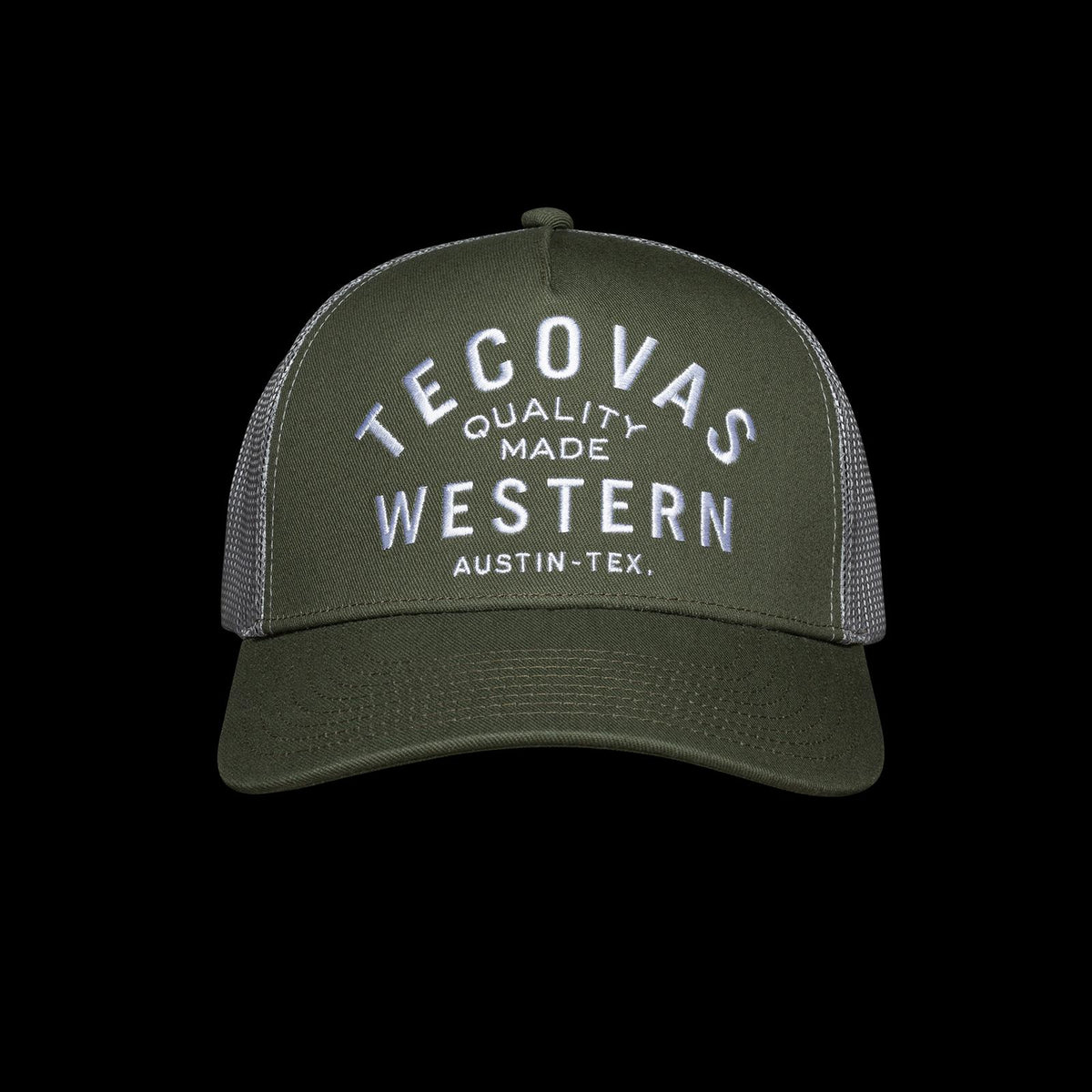 Front view of Quality Made Western Five-Panel Trucker Hat - Olive on plain background